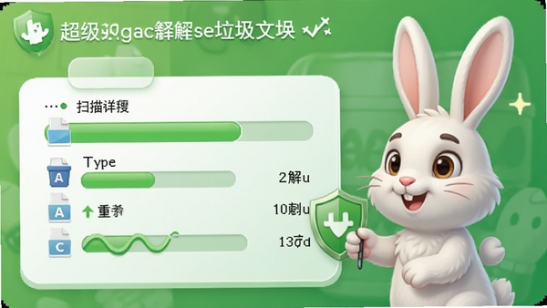 超级兔子清理垃圾文件时的扫描进度界面，显示文件类型与可释放空间，背景为清爽的绿色主题，突出安全与高效