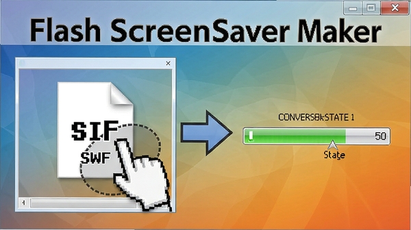 Flash ScreenSaver Maker转换过程示意图，展示SWF文件被拖拽到软件界面，旁边有进度条显示转换状态，背景为渐变色，突出软件名称Flash ScreenSaver Maker和箭头指示的转换流程