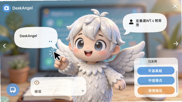 DeskAngel角色交互界面截图，画面中央是可爱的天使角色正在与鼠标光标互动，角色周围有对话气泡和互动选项菜单，背景虚化处理，突出角色生动的表情和细致的毛发纹理，UI设计简洁现代，色调明快。
