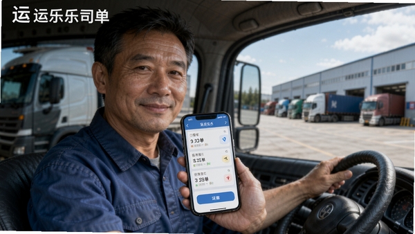 运乐乐司机货运接单主界面，一名中年男性司机手持手机查看订单，背景为货车停车场，远处有物流仓库，界面清晰显示订单列表与导航按钮，画面写实明亮，突出货运接单主题，包含运乐乐司机软件名称。