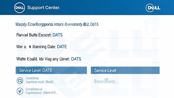 在Dell Support Center的保修信息页面，显示保修截止日期和服务级别，背景有戴尔品牌标志，整体色调为深蓝与白色搭配。