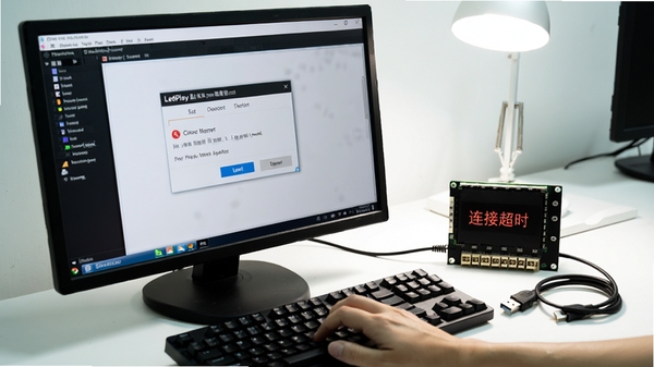 电脑屏幕前，一只手正在键盘上操作，屏幕上显示LedPlay显示屏编辑系统报错对话框，提示“连接超时”，旁边摆放着一块LED发送卡和USB数据线，环境为工作台，光线明亮，突出故障排查场景