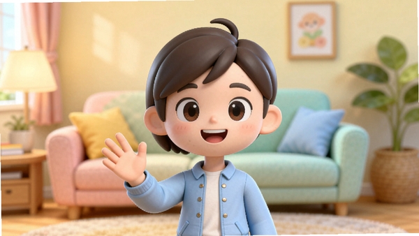 花禄软件主界面预览，画面中央是一个活泼可爱的3D卡通虚拟角色，正微笑着与用户互动，背景是柔和渐变的客厅环境，色彩明亮温馨，整体风格清新治愈，突显软件的趣味互动核心功能，竖版手机界面构图，细节丰富，质感细腻。