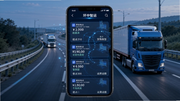 环中智运智能货源匹配界面预览图，手机屏幕上显示多条货源卡片，每张卡片包含起点终点、货物类型和运费金额，背景为高速公路与货车行驶场景，画面采用科技蓝为主色调，突出智能推荐算法概念