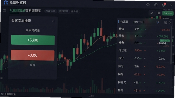 众赢财富通交易界面预览，展示买入卖出操作面板与持仓列表，模拟K线背景，绿色红色涨跌配色，整体界面商务简洁，突出交易功能的实用性与流畅感
