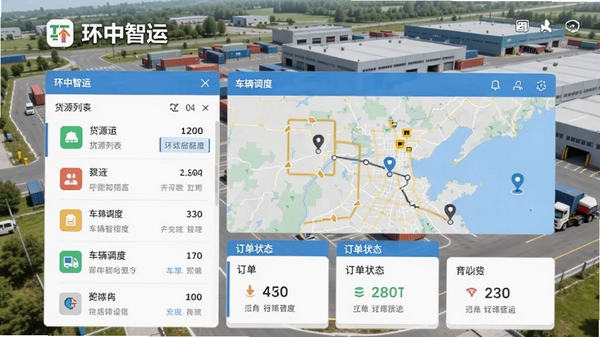 环中智运APP主界面截图，展示物流运输管理软件的完整功能面板，包含货源列表、车辆调度地图、订单状态卡片，背景为现代物流园区场景，采用扁平化设计风格，色彩明亮清晰，突出软件名称环中智运标识