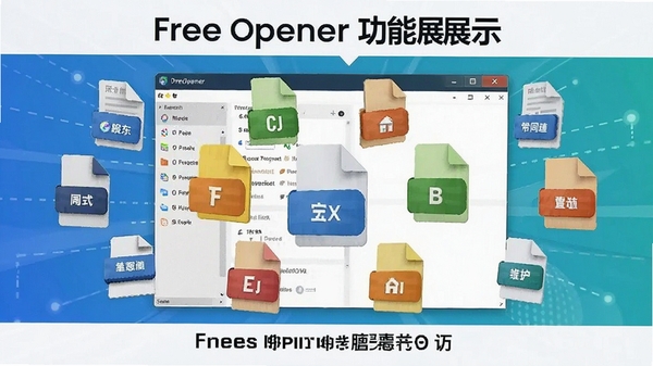 Free Opener功能展示图，画面中央显示多个不同格式的文件图标，围绕软件窗口，象征其全能格式支持特性。