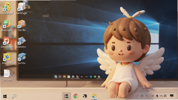 DeskAngel桌面精灵全貌展示，一位Q版卡通天使坐在电脑屏幕右下角的任务栏上方，背景是简洁清爽的Windows系统桌面，图标排列整齐，整体画面明亮温馨，突出软件与系统环境融为一体的和谐感，采用3D渲染风格，细节丰富，色彩柔和。
