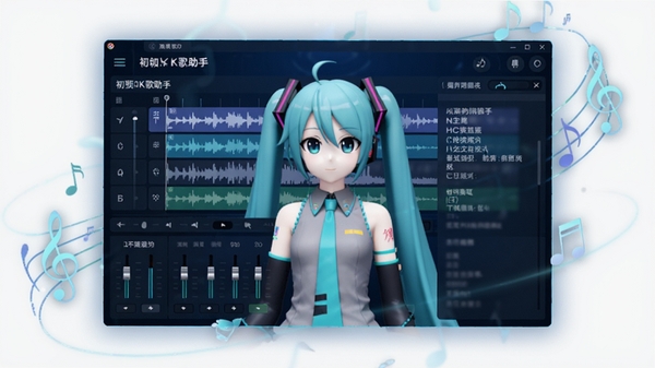 初音K歌助手主界面预览图，展示虚拟歌姬形象与音频波形编辑界面，深蓝色科技感背景，界面布局清晰，包含音轨、调音台和歌词显示区域，整体风格时尚且具有未来感，画面主体为软件操作窗口特写，四周辅以柔和的光效与音符元素点缀