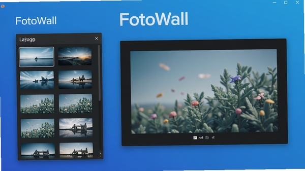 FotoWall软件主界面展示，左侧为壁纸布局选择面板，右侧为预览窗口，背景为纯净的渐变蓝色调，整体风格简洁现代，界面元素清晰，突出软件名称FotoWall字样，画面比例16:9，高细节渲染