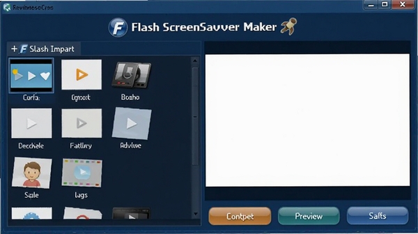 Flash ScreenSaver Maker界面截图，展示软件主窗口，左侧为素材导入区域，右侧为预览窗口，背景为深蓝色调，整体风格简洁明了，突出软件名称Flash ScreenSaver Maker和其主要功能按钮