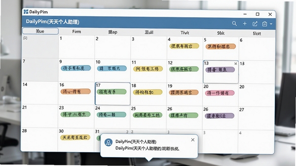 电脑桌面软件界面特写，展示DailyPim(天天个人助理)的月视图日历面板，日期格内标注了彩色标签的待办事项。画面下方有悬浮的提醒气泡窗口。背景为模糊的办公室环境，光线柔和。整体画面清晰展示日程管理功能，软件名称为DailyPim(天天个人助理)