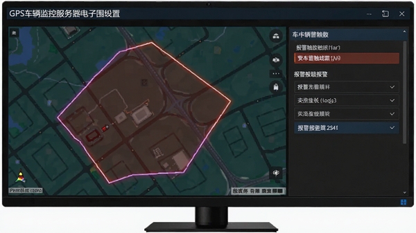 GPS车辆监控服务器电子围栏设置界面，地图上绘制不规则多边形区域，并设置报警触发条件选项