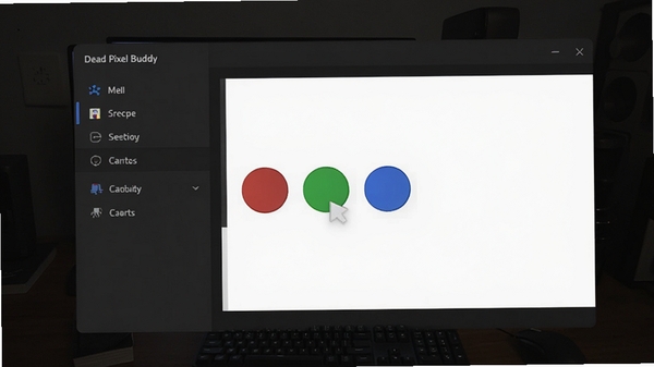 Dead Pixel Buddy软件界面预览图,显示主菜单与纯色测试画面,背景为深色桌面环境,画面中央有红绿蓝三色切换按钮,界面简洁清晰,现代扁平化设计风格