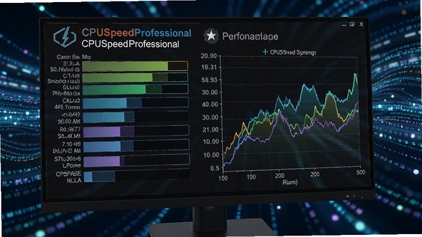 CPUSpeedProfessional基准测试运行画面,屏幕显示多线程计算进度条与实时频率折线图,背景为流动的数据光效,强调性能分析与评估功能