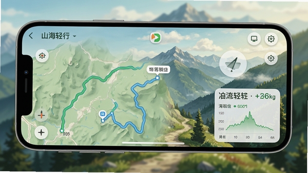 山海轻行软件主界面预览图，手机横屏展示户外山地背景，界面简洁显示地图路线与海拔数据，风格清新自然，数字艺术，高细节