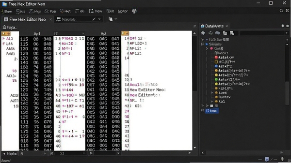 Free Hex Editor Neo 主界面预览图，展示其深色主题下的多标签页编辑窗口，左侧为十六进制字节与ASCII对照区，右侧为数据结构解析面板，整体风格专业且现代