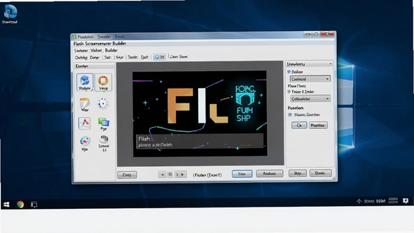 一个现代化的电脑桌面,屏幕上正在运行Flash Screensaver Builder软件界面,主窗口显示着Flash动画预览画面,周围有各种设置选项和按钮,背景是简洁的深蓝色调,突出软件的专业性和易用性,整体画面明亮清晰,符合软件下载站的宣传风格