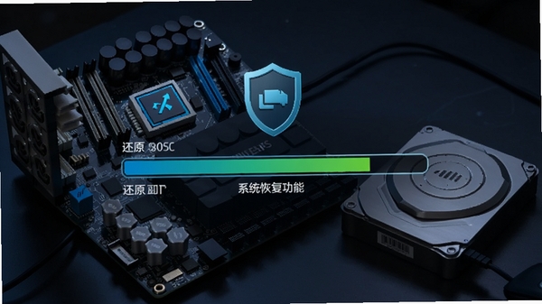网吧网管助手系统还原功能界面，显示还原进度条，背景为计算机主板和硬盘，风格科技感强，突出数据安全和系统恢复能力