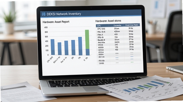 DEKSI Network Inventory 生成硬件资产报告的画面，屏幕上显示柱状图和表格，包含CPU型号、内存大小、硬盘容量等数据，背景为办公室桌面，报告纸张散落一旁，写实风格，色调柔和