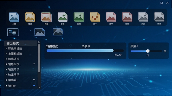 七彩色图片批量处理工具格式转换功能演示，界面显示多种图片格式图标排列，中心为转换进度条，左侧为输出格式选项列表，右侧为质量滑块，背景为渐变蓝色科技感风格