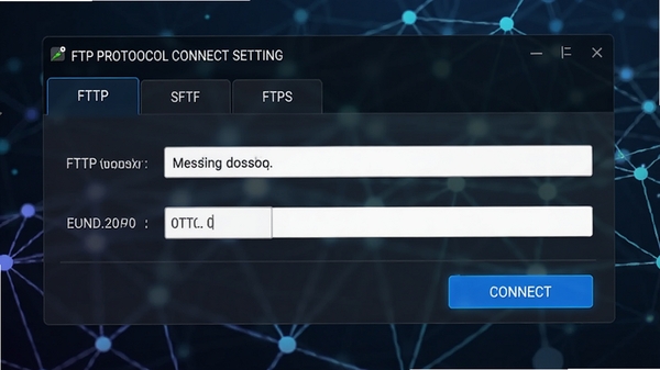 FTP工具软件的多协议连接设置界面，显示有FTP、SFTP、FTPS选项卡，地址栏和端口号输入框清晰可见，连接按钮为蓝色高亮，整体界面风格专业且现代，背景为抽象网络节点图形