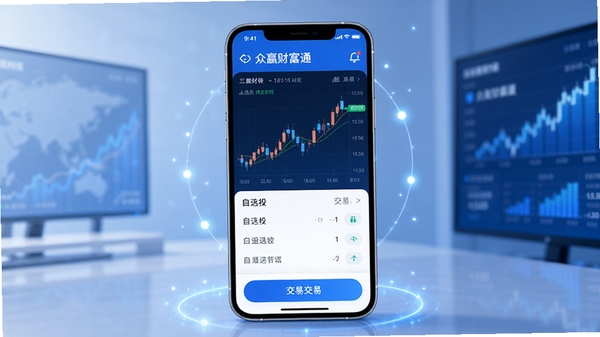 众赢财富通主界面预览图，展示股票行情图表、自选股列表与交易按钮，背景为现代简约的金融科技风格，蓝色主色调，界面清晰明亮，手机屏幕居中展示，周围有微光点缀，整体氛围专业且亲和