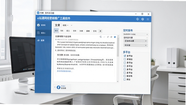 e站通网络营销推广工具软件的内容发布功能界面，显示文章编辑框、定时发布设置、多平台勾选列表，界面以蓝色和白色为主，桌面软件窗口展示，背景为简洁办公室一角，画面干净明亮，无人物出现。