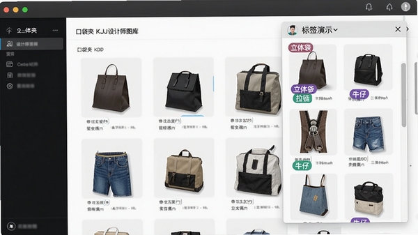 口袋夹KDJ设计师图库的分类标签功能演示截图，右侧弹出标签编辑框，展示多个素材文件被标记了“立体袋”、“拉链”、“牛仔”等彩色标签，界面清晰直观