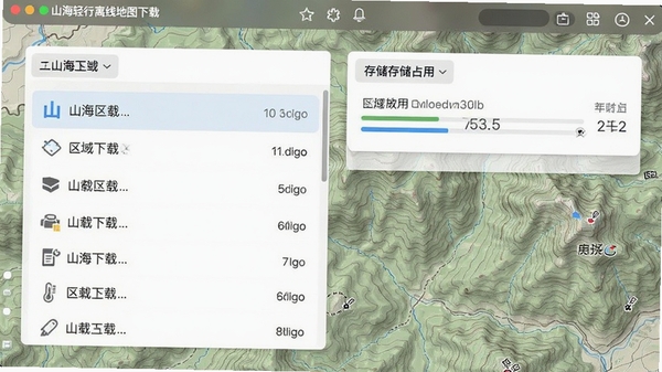 山海轻行离线地图下载管理界面，展示不同区域的下载列表与存储占用，背景为等高线地形图，界面整洁，功能分区明确
