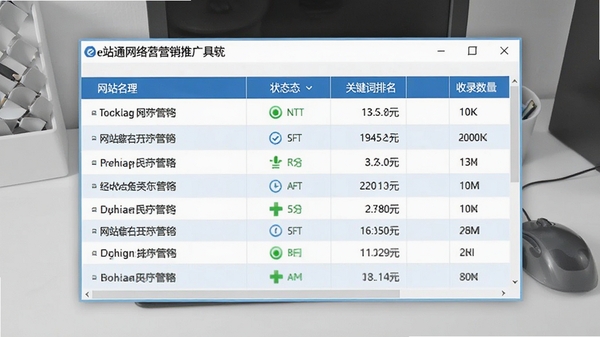 e站通网络营销推广工具软件的站点管理功能截图，显示多个网站列表，每行包含网站名称、状态图标、关键词排名数据、收录数量，界面数据表格样式，蓝色主题色，桌面软件窗口展示，背景为浅灰色工作台，图片风格写实清晰。