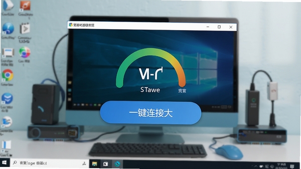 宽带快速连接器主界面预览图，展示软件在Windows桌面上的运行状态，界面简洁清晰，中央显示当前网络连接状态与一键连接大按钮，背景为虚化的电脑桌面与网络设备，整体风格现代且专业，色彩明快