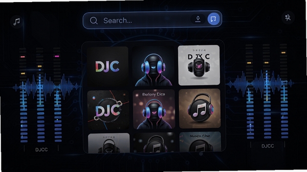 DJCC音乐盒主界面展示，深色科技感背景，中央为专辑封面墙，顶部搜索栏醒目，两侧均衡器动态波纹，整体风格现代简约，细节丰富，4K高清渲染