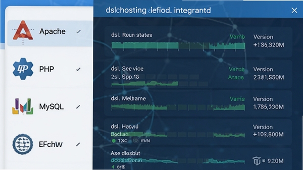 展示dsl webhosting集成环境的管理界面，画面左侧列出Apache、PHP、MySQL等组件图标，右侧显示各服务的运行状态与版本号，整体采用现代扁平化设计风格，色彩搭配以蓝白为主，强调软件的一体化集成特性