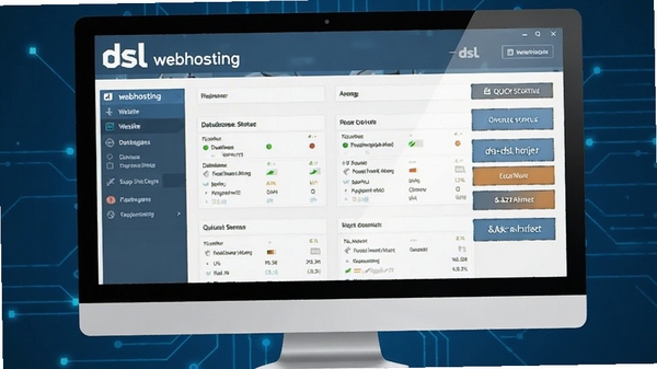 一幅展示dsl webhosting主界面的宽幅电脑截图，界面包含网站管理面板、数据库状态指示灯与快速启动按钮，背景为简洁的深蓝色技术风格，整体画面清晰明亮，突出软件的品牌名称dsl webhosting