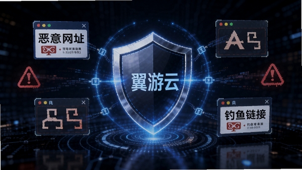 翼游云浏览器安全防护概念图,画面中央为盾牌图标,周围环绕着恶意网址、木马、钓鱼链接等危险元素,盾牌发出蓝色光芒将其阻挡,背景为深色科技感风格