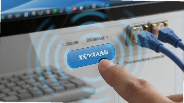 宽带快速连接器一键拨号功能特写，画面聚焦于软件主界面的连接按钮，手指或鼠标指针正在点击，周围有网络信号波纹扩散效果，背景为模糊的电脑屏幕与网线接口，突出快速与便捷的视觉感受
