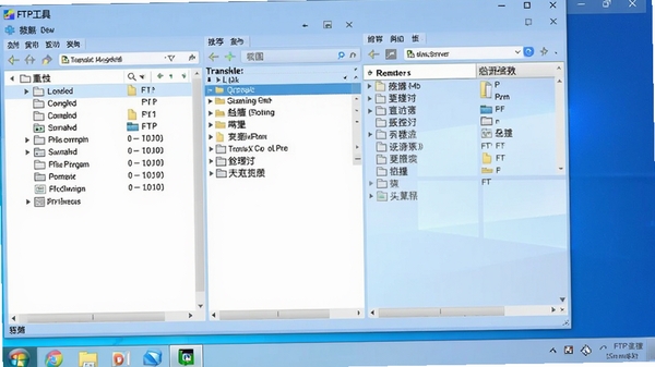 一款界面简洁的FTP客户端软件运行在电脑桌面，左侧为本地文件列表，右侧为远程服务器文件列表，中间显示传输队列，整体采用浅蓝色窗口风格，背景为干净的Windows桌面环境，软件名称FTP工具以醒目标题栏显示