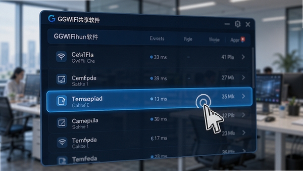 GGWiFi共享软件自动扫描并识别局域网内共享网络的界面特写，列表形式展示网络节点，鼠标指针点击连接，界面高亮显示已连接状态，背景为模糊的办公环境，科技蓝配色，界面设计现代，产品功能展示图