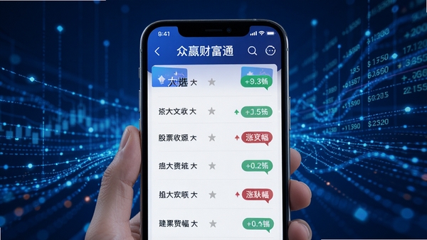 众赢财富通智能选股功能示意图，手机界面显示股票筛选结果列表，带有评分、涨跌幅标签，背景为数据流动的抽象图形，蓝色科技感，突出智能分析与推荐能力