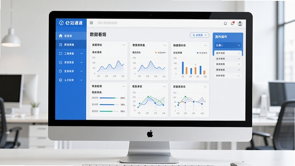 创建一张展示e站通网络营销推广工具软件主界面的图片，界面包含左侧功能导航栏、中央数据看板、右侧操作面板，整体风格现代简约，色彩以蓝色和白色为主，桌面电脑屏幕显示，背景为简洁办公环境，画面清晰明亮，没有人物出现。