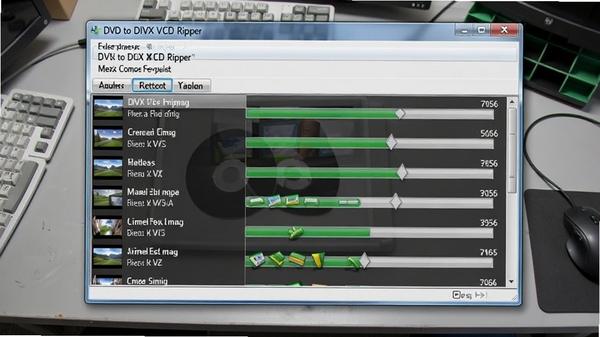 DVD to DIVX VCD Ripper批量转换任务列表界面，多个视频文件排队显示进度条，背景为浅灰色工作台，强调多任务并行处理能力。