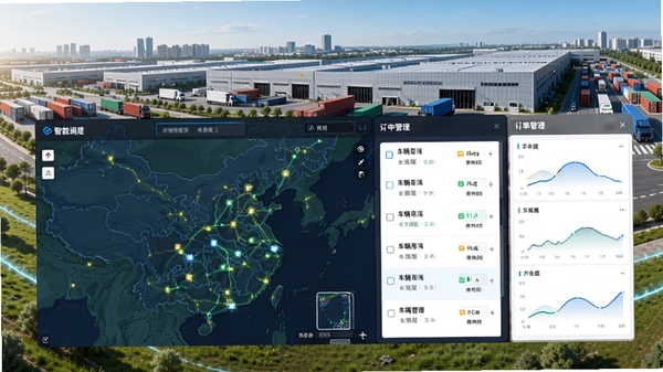 环中智运整体界面预览图，展示货运地图、车辆列表和订单管理面板，背景为现代化物流园区，画面清晰明亮，突出智能调度与高效运输主题
