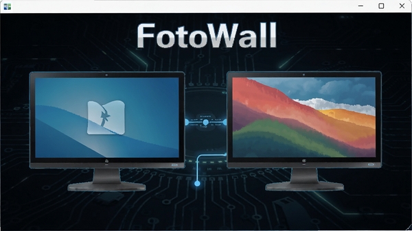 FotoWall软件多显示器设置界面，展示两台显示器图标分别配置不同壁纸，画面带有连接线示意，背景为深色科技感风格，突出软件名称FotoWall，画面比例16:9，高细节渲染