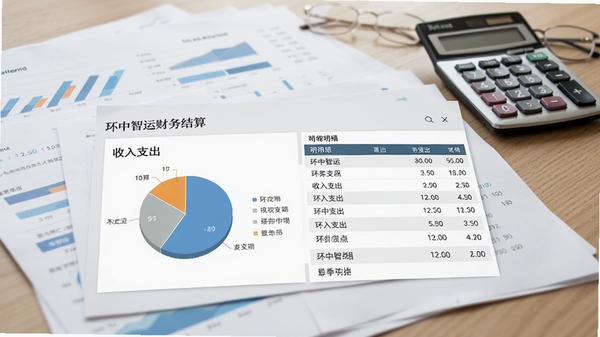环中智运财务结算页面，展示收入支出饼状图和明细列表，背景为办公桌上的报表和计算器，风格简洁专业，突出数据清晰与便捷