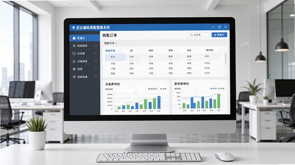 宏达墙纸销售管理系统主界面预览图，展示软件在电脑屏幕上的整体布局，左侧为功能导航栏，右侧为销售订单数据看板与库存图表，背景为整洁的现代化办公室环境，画面清晰，色彩明亮，突出专业与高效感