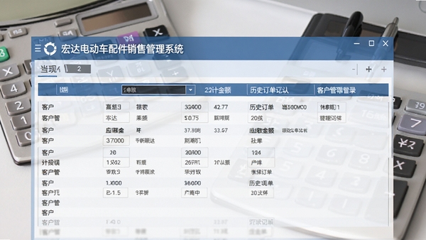 宏达电动车配件销售管理系统客户管理界面，显示客户列表、应收款金额、历史订单记录，背景为办公桌面计算器，风格商务
