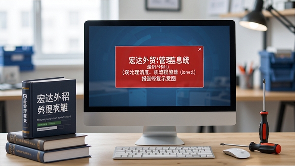 宏达外贸流程管理信息系统报错修复示意图，电脑屏幕显示错误提示框，旁边有工具书和螺丝刀，背景为工作台，展现解决问题的场景，风格写实。