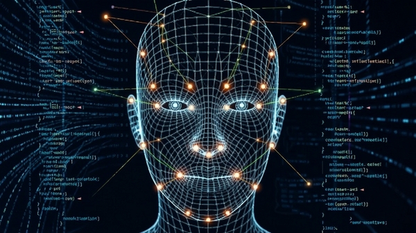 incrediface面部捕捉引擎工作示意图，画面中央为网格化人脸模型，高亮显示关键追踪点，连接线构成动态捕捉网络，背景为数据流与代码元素，体现技术感