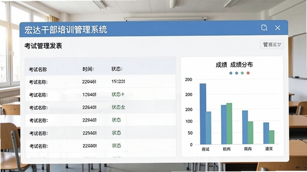 宏达干部培训管理系统考试管理界面，展示考试列表，包含考试名称、时间、状态，右侧显示成绩分布柱状图，界面简洁清晰，背景为教室场景，明亮光线，写实风格，细节丰富